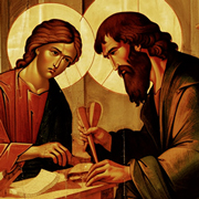 Jesus und sein Ziehvater Joseph bereiten eine Tischlerarbeit am Zeichentisch vor